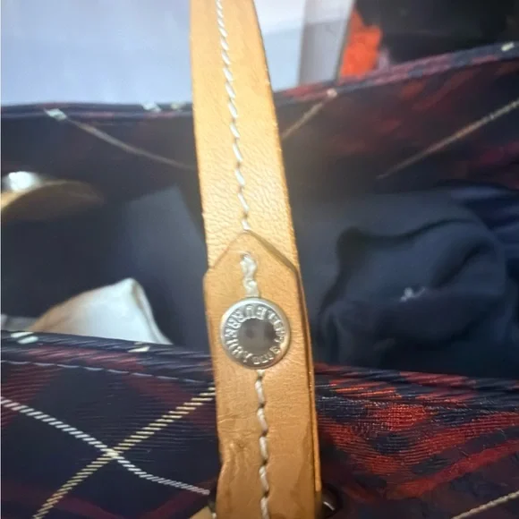 Burberry Red and Navy Plaid with Tan Leather Detail - Picture 4 of 8